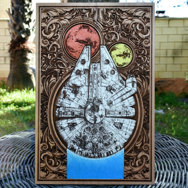 Intricate Wooden Art Panel Featuring Iconic Spaceship Design